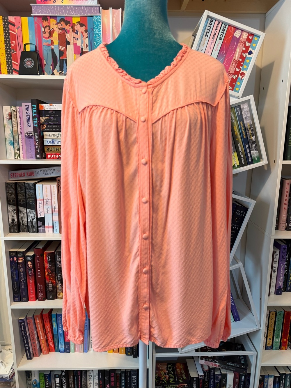 Lauren ConradLight Peach/Coral Button-Front Women's Blouse with Ruffled Neckline